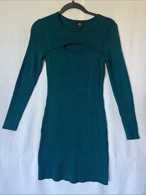 I.N. San Francisco Teal Ribbed Long Sleeve Cutout Bodycon Dress